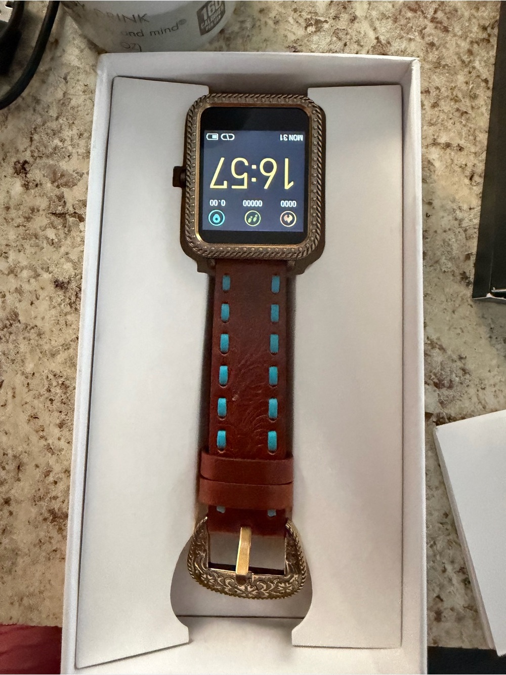 Wrangler Brown Leather Smartwatch with Teal Stitching